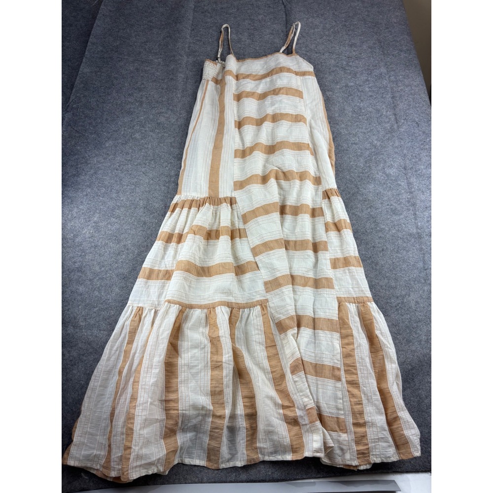 Pookie & Sebastian Tan Striped Tiered Maxi Dress Smocked Boho Coastal Womens S